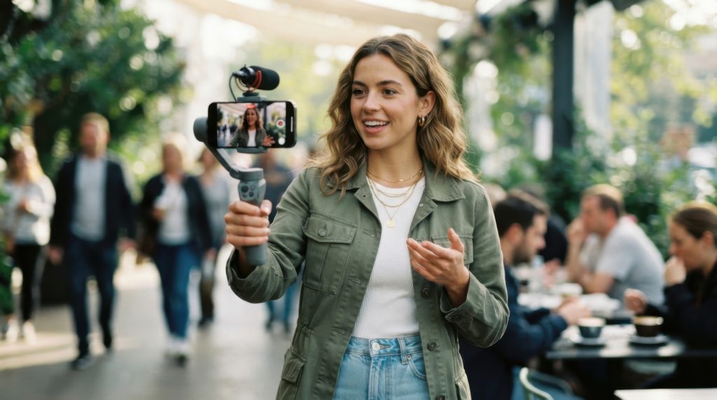young-woman-vlogging-with-smartphone-gimbal-outdoor-urban-setting
